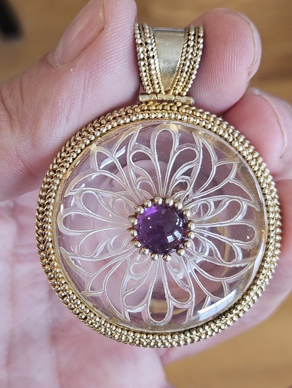 Vintage Designer Chima Gold Sterling Silv Amethyst Cut Crystal Statement Pendant